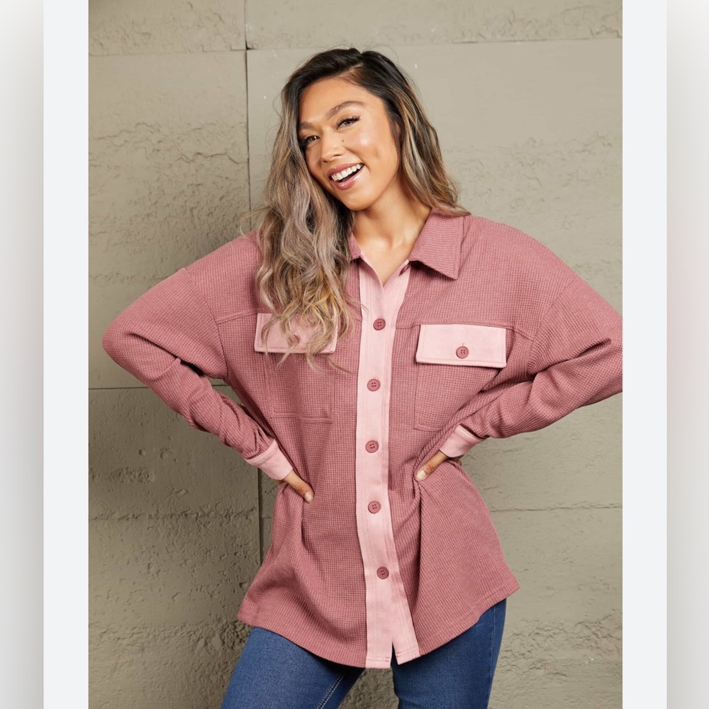 Waffle Knit Pink Shirt Jacket